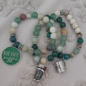 Green and Silver Beaded Coffee Charm Bracelet Set